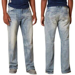 BKE Tyler Relaxed Fit Boot Stretch Denim Jeans Men 34R Blue Stamm Bootcut Buckle